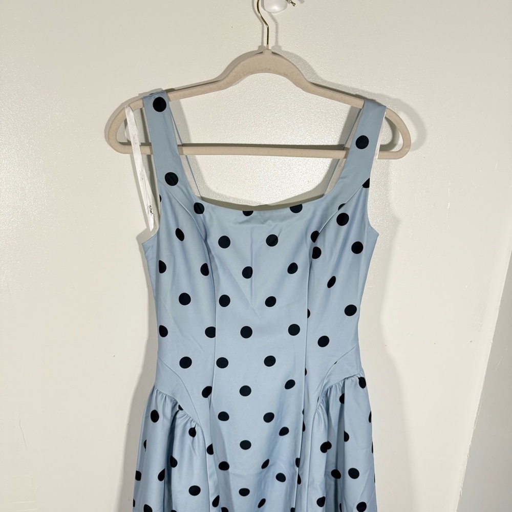 NWT Mac Duggal Blue Polka-Dot Square-Neck A-Line Midi Dress - Picture 4 of 11